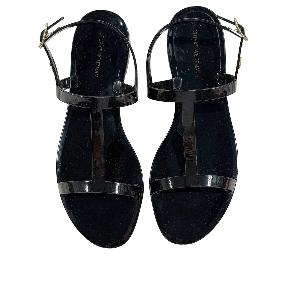 Stuart Weitzman Jelly T-Strap Sandals Black Gold Logo Ankle Strap Women's Size 8